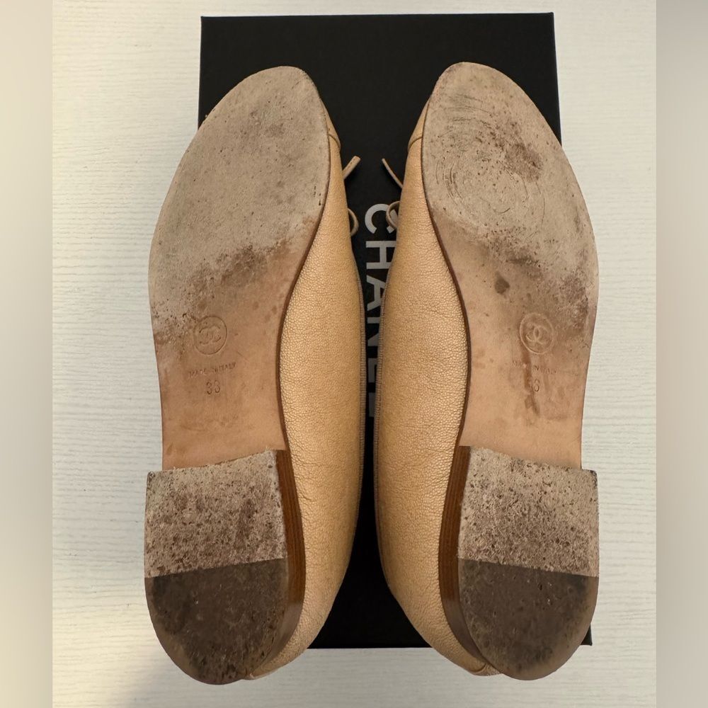Chanel Pebbled Leather Tan Beige CC Classic Ballet Flats EU 36 US 6 Authentic - Picture 9 of 11